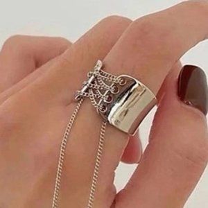 Silver Tone Cinched Corset Fashion Ring Laced W/ Chain Adjustable Size Sizing